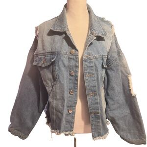 Women’s Distressed Embroidered Floral Denim Jacket Loose Fit Trucker Style Large